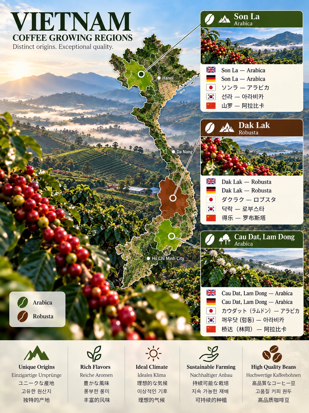 Vietnam coffee growing regions map: Son La (Arabica), Dak Lak (Robusta), Cau Dat, Lam Dong (Arabica)